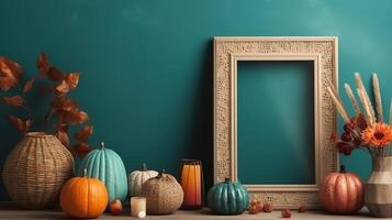 Blank frame on shelf beside vase with dry leaves. photo