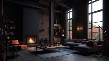 Frame mockup in modern loft interior with burning fireplace. photo