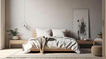 Mockup frame in bedroom interior background, Scandinavian style, 3d render. photo