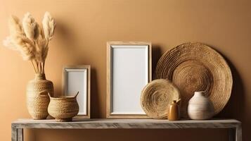 Mockup frame in nomadic boho interior background with rustic decor. photo