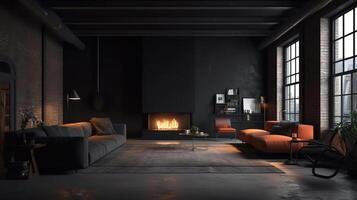 Dark living room loft with fireplace, industrial style, 3d render. photo