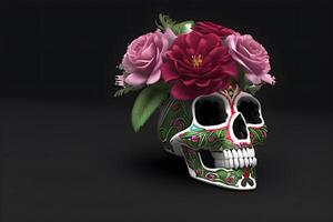 día de el muerto, dia Delaware los muertos, azúcar cráneo con maravilla flores guirnalda en papel negro color fondo.. ai generado foto