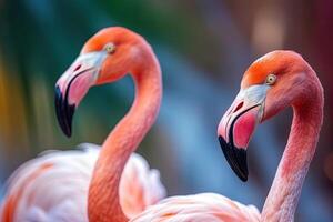 Close up portrait of two flamingo bird on pastel colored background. photo