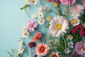 Festive floral composition. Flowers on bright colored background. photo