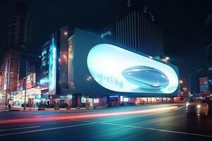 Futuristic neon city with billboard at street. photo