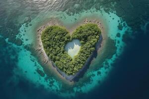 Aerial view of heart shape island in sea. photo