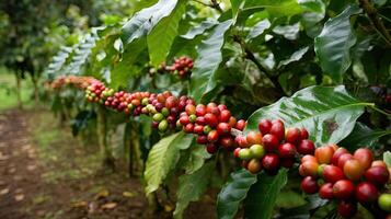 Coffee tree with red coffee beans on coffee plantation. photo