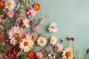 festivo floral composición. flores en brillante de colores antecedentes. generativo ai foto