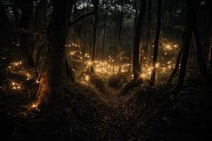 fantasía mágico bosque con brillante luces. generativo ai foto