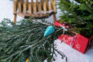 Christmas trees and spruce xmas branches for decoration in farm market for sale in winter holiday season photo