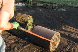 Woman laying sod for new garden lawn - turf laying concept photo