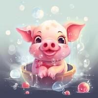 A cute little pig takes a bubble bath photo