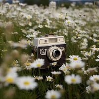 A camera in a field of daises photo