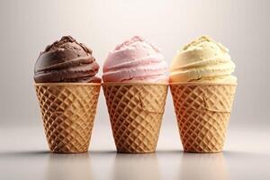 Three colorful ice creams on light background. Ice Cream scoops in waffle cones. Sweet desserts. photo