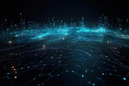 Sci-fi background of glowing particles with depth of field. Network connection. photo