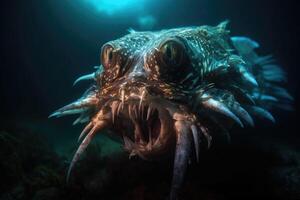 Deep-water fish at the bottom of the ocean. A scary fish with big teeth. Underwater world. photo