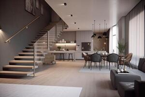 Apartment with spacious living room, stairs and big windows. Modern living room interior. photo