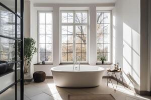 moderno baño con grande ventanas y un oval tina. generativo ai foto