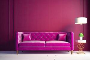Interior of the room in plain monochrome magenta color with furnitures and a sofa. photo