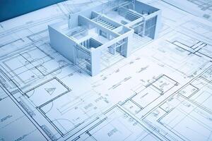 Building project plan. Blueprint of a modern house with 3d model. photo