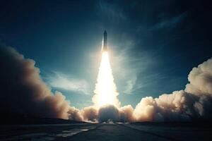 Rocket stars into space. Spaceship takes off into the sky on a mission. photo