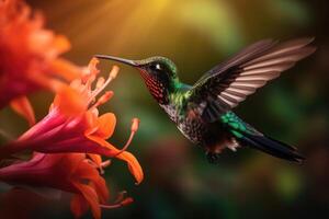 Colored tropical bird and surreal flowers. The hummingbird flies near to flower. photo