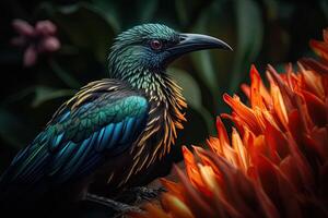 Colored tropical bird and beautiful surreal flowers. photo