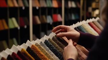 Choosing upholstery fabric color and texture from various color, Image photo