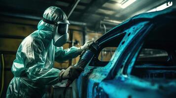 Car painter in protective clothes and mask painting automobile, image photo