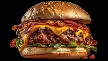 cheeseburger, including the type of bun, meat patty, cheese, sauce, and toppings, image photo