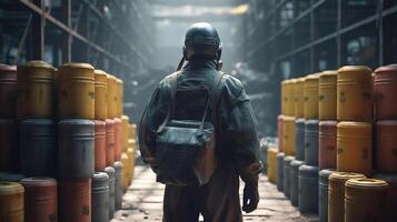 Chemical worker carrying canisters with hazardous materials, image photo