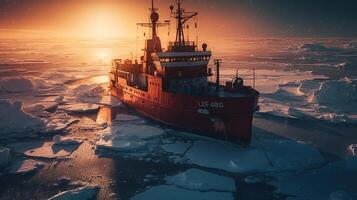 icebreaker ship in the arcic at night , image photo