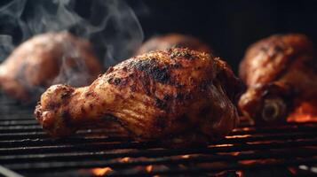 juicy seasoned chicken drumsticks on a grill with smoking, image photo