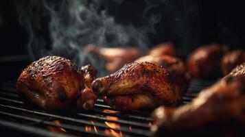 juicy seasoned chicken drumsticks on a grill with smoking, image photo