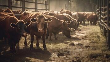 carne de vaca vacas vacas comiendo a el granja, generado ai imagen foto