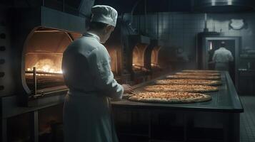 chef in white uniform and hairnet putting pizza in the oven, image photo