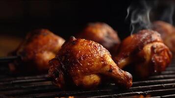 juicy seasoned chicken drumsticks on a grill with smoking, image photo