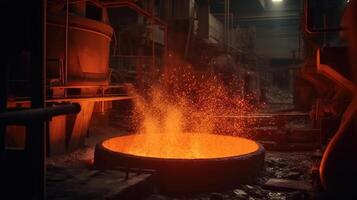 Liquid iron molten metal pouring in container, industrial metallurgical factory, Image photo
