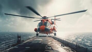 rescue helicopter approaches the ship, image photo