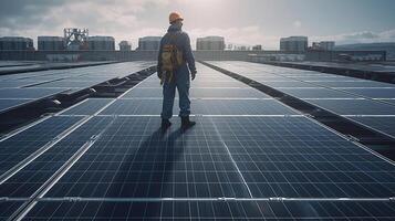 Industrial worker installing solar panels, image photo