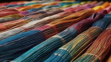 Multicolored straight strands texture background, sewing equipment, loom equipment at a garment , Image photo