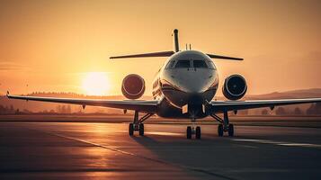 private jet take off when sunset, image photo