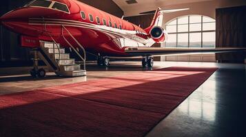 Private jet on runway with a red carpet rolled to the door, image photo