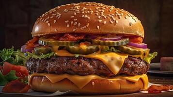 cheeseburger, including the type of bun, meat patty, cheese, sauce, and toppings, image photo