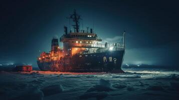 icebreaker ship in the arcic at night , image photo