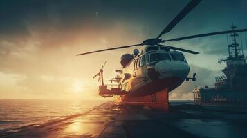 rescue helicopter approaches the ship, image photo