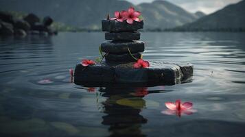 tower black stone and hibiscus with bamboo, Image photo