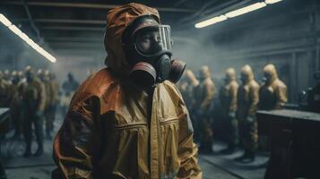 Workers wearing protection suit and gas mask, image photo