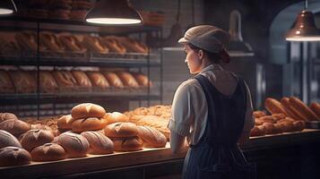 Bakery worker selling fresh tasty pastry and bread, image photo
