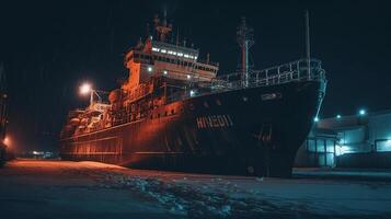 icebreaker ship in the arcic at night , image photo